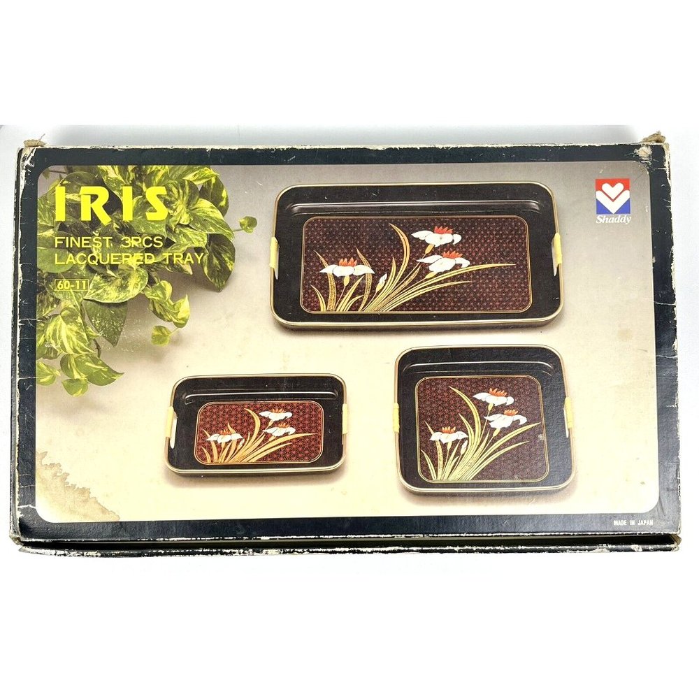 Iris Vintage Mid Century/Open Box/Black Lacquered Oriental Trays Set of 3 Floral